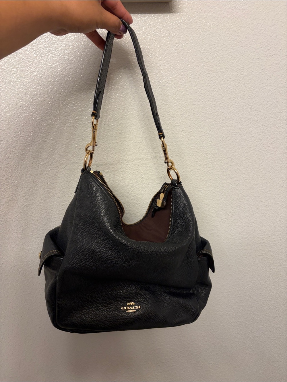 Coach Black Pebbled Leather Shoulder Hobo with Gold Hardware